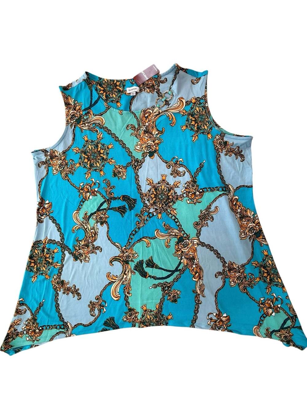 Avenue Blue Baroque Chain Tassel Print Sharkbite Hem Tank Top